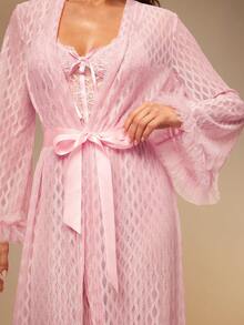 Silquee 2pcs Set: 3D Mesh Long Sleeve Asymmetrical Diamond Jacquard Robe + Fish Bone Line Waist Lace Patchwork Asymmetrical Jacquard Nightgown Valentine's Day Sexy Lace Galentines Adult Date Night  Spandex See Through Romantic Sexy Curve Pink Pure Temptation Spandex Lace Mesh Two-Piece Set Wedding Robe - Baby Pink - View 5