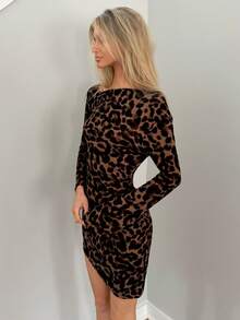 Sydney Algeri Women's Spring New Year Eve Date Night Rib Knit Ruched Asymmetrical Neck Slim Fit Skirts,Cheetah Print - Brown - View 5