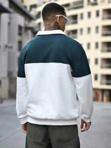 Devon Thys Men's Pullover Quarter Zip Sweatshirt With Letter Print Patchwork, Fashion Long Sleeve Loose Fit Lightweight Sweatshirt, Spring/Autumn - Army Green - View 3