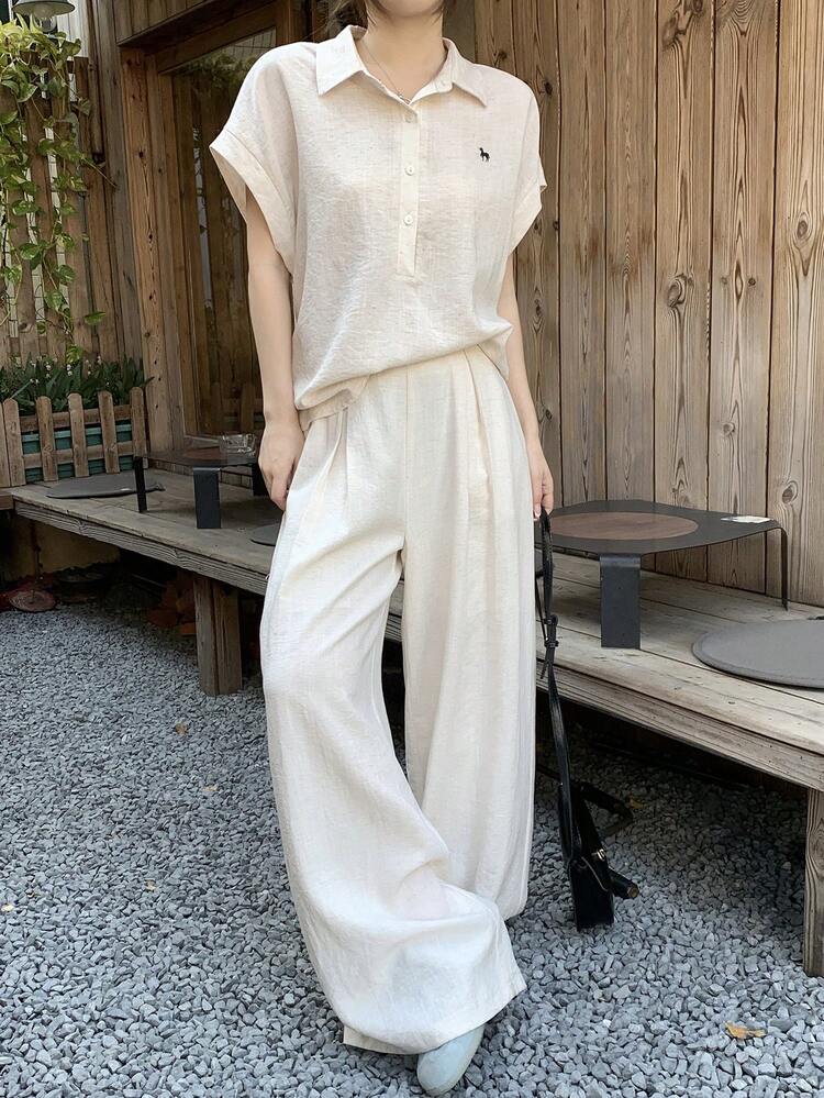 2pcs Women Minimalist Vintage Coin Embroidery Polo Collar Loose Linen Blouse Set