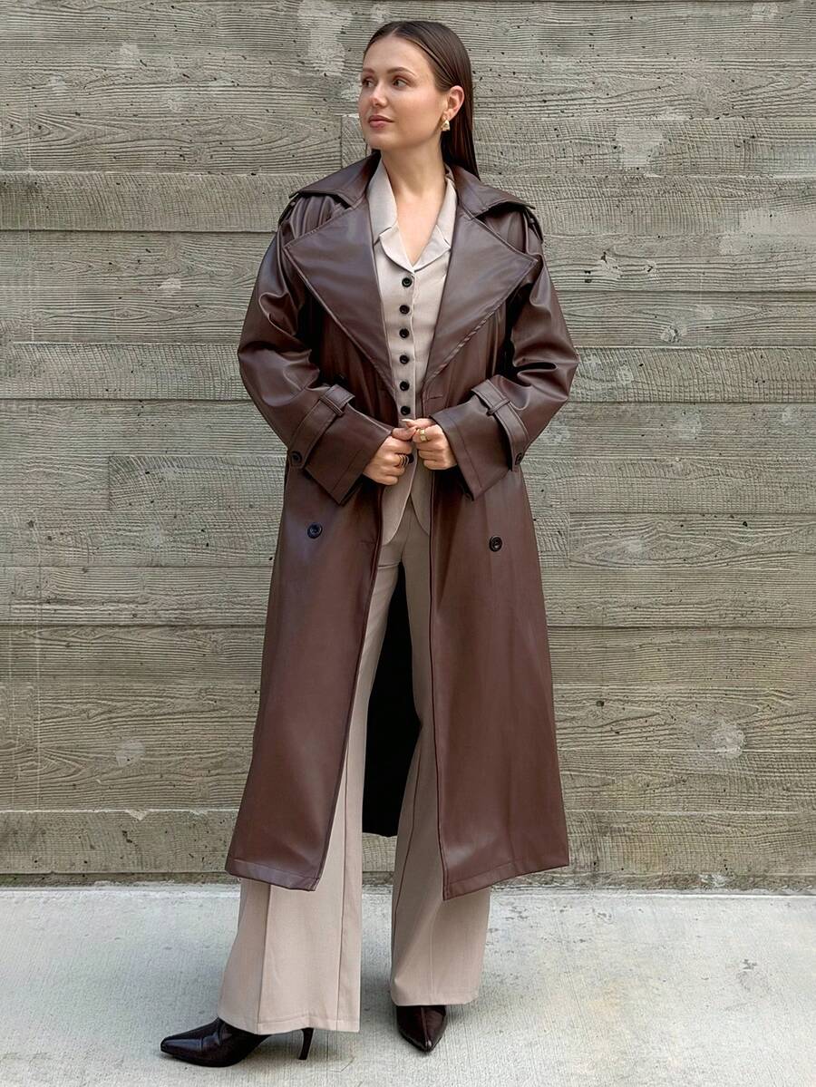 Kuleshova Women Fashion Street Chic PU Leather Lapel Collar Double Breasted Belted Long Trench Coat Fall Winter Cloth For Women - Brown - View 1