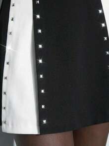 Maija 女士黑色亮片装饰褶皱A字裙，百搭时尚闪亮铆钉装饰褶皱裙，适合派对、约会、办公室、休闲、低调优雅的都市通勤、杂志编辑同款、轻松街头咖啡馆风、海滩等场合，春夏皆宜，情人节连衣裙、派对裙、春季女装、夏季S码、女士夏季裙装、情人节、女士海滩S码、优雅女士衬衫、夏季度假S码、女士休闲衬衫、黑白撞色、美甲、春假 - 黑與白 - 查看 3