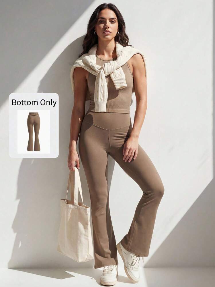 Khaki Yoga Flare Pants, High Waist Tight Peach Hip Lifting Fitness Leggings, Casual Pants