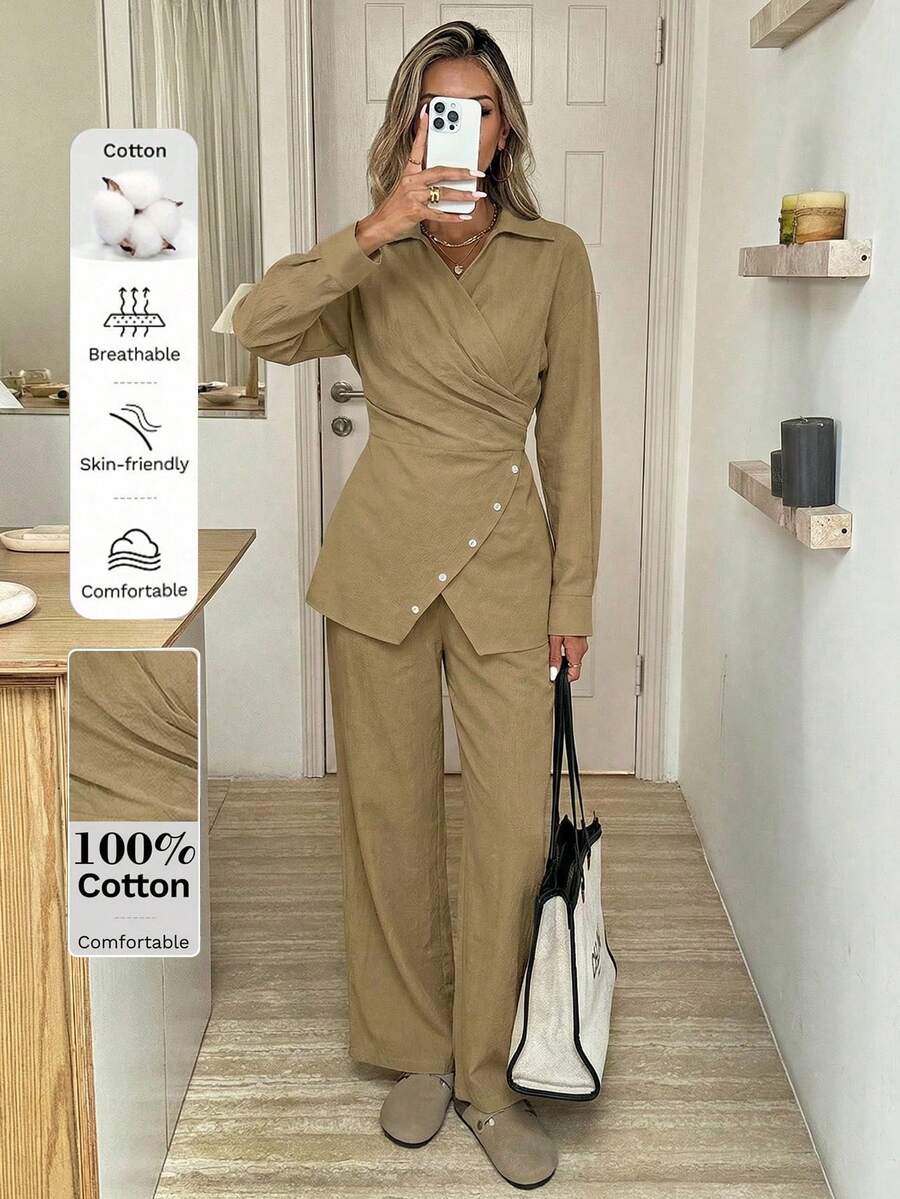 Modelyn Women's Woven Collar Long Sleeve Tie-Up Cotton Fitted 2 Pieces Set - Khaki - View 1