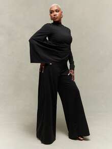 Vixey 李子色纯色针织单肩垂褶阔腿连体裤 - 黑色 - 查看 3