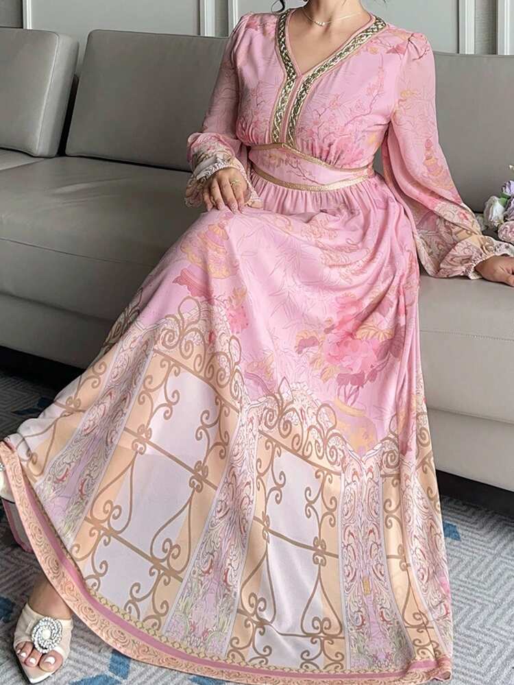 Dazy Plus Floral Print V-Neck Waist Cinched Maxi Chiffon Dress, Elegant Palace Style, Pink, Plus Size, Spring/Summer Sundress