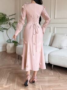 DAZY 女士优雅拼接方领泡泡袖碎花长连衣裙，春夏婚礼宾客礼服 - 粉色 - 查看 2