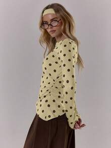 MUSERA Polka Dot Contrast Colour Crewneck Long Sleeve Top Cute Going Out Daily Office School Spring Summer Spring Outfit Easter Casual - Yellow - View 4