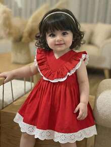 女婴休闲度假优雅刺绣蕾丝边V领荷叶袖修身A字连衣裙，红色 - 紅色 - 查看 1