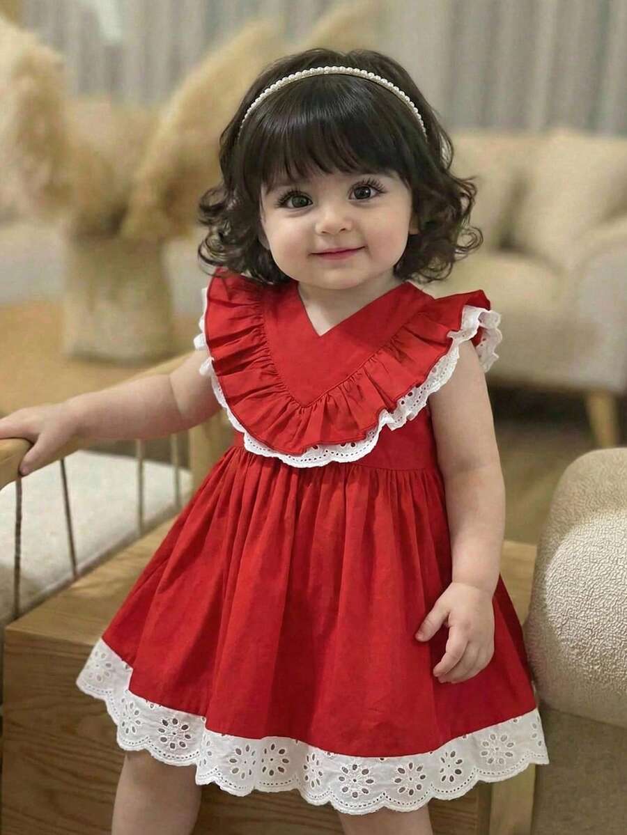 女婴休闲度假优雅刺绣蕾丝边V领荷叶袖修身A字连衣裙，红色 - 紅色 - 查看 1