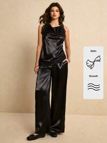 Poéselle Bộ đồ nữ gợi cảm tối giản màu trơn gồm áo hai dây cổ xếp ly phối ren tương phản hở lưng và quần ống rộng. - màu đen - Xem 3