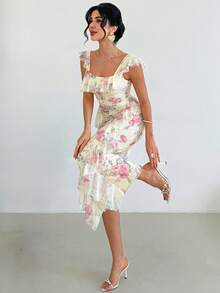 Firerie Women's Elegant Romantic Date Party Wedding Guest Dress, Women Elegant Long Floral Print Dress With Square Neck And Ruffle Details Perfect For Summer,Pink Asymmetric Ruffle Shoulder Long Sleeve Pleated Design Slim Fit Ruffle Hem Dress ,Summer Dress - Pink - View 5