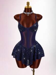 Amplova 女士纯色网纱拼接亮片性感吊带迷你连衣裙 - 藏蓝色 - 查看 4