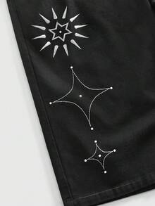 ROMWE MEN Street Life Men's Casual Everyday Embroidered Detail Loose Denim Shorts - Black - View 12