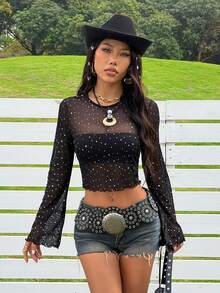 SHEIN EZwear Blusa de manga larga con malla y lentejuelas negras para mujer - Negro - Ver 9