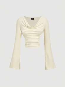 SHEIN MOD Bộ áo thun dài tay ôm dáng, cổ bèo nhún, tay loe xếp ly 3 màu. - Nhiều màu - Xem 5