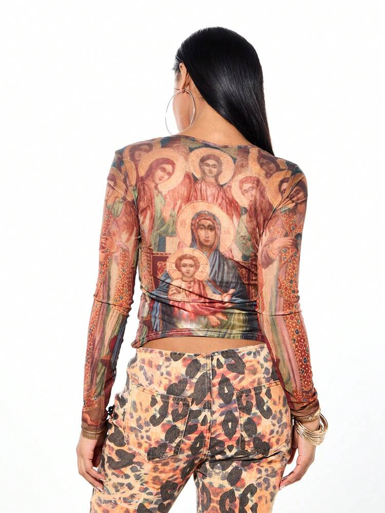 SUMWON Renaissance Engel Muster Figurbetontes Langarm Mesh Top mit transparentem Überlagerungs-Design, modisches Statement-Piece für den Herbst