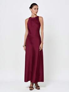 Aveloria Modichic Minimalist Elegant Asymmetric Bias Cut Double-Sided Satin-Like Acetate Fabric A-Line Sleeveless Dress For Women - Burgundy - View 3
