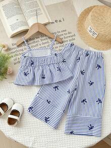 LMoss Kids Baby Girl Casual Vacation Fashion Slim Fit Comfortable Woven Blue Striped Camisole With Ruffled Hem Top And Wide-Leg Pants Set Matching Outfits Summer Toddler Girl Toddler Girl Stripe Outfit Toddler Girl Stripe - Blue - View 4