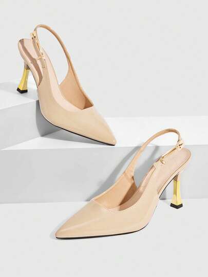 CUCCOO SZL Women Shoes Spring Summer Pointed Thin High Heel Metal Buckle Crocodile Slingback Buckle Patent Leather Solid Color Women High Heel Shoes Commuter Dating Party Daily