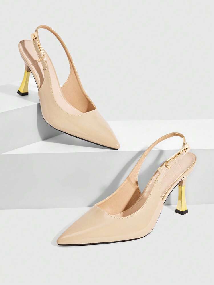 CUCCOO SZL Women Shoes Spring Summer Pointed Thin High Heel Metal Buckle Crocodile Slingback Buckle Patent Leather Solid Color Women High Heel Shoes Commuter Dating Party Daily