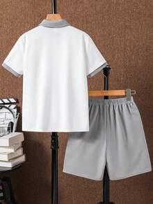 SHEIN 两件套男童休闲校服/学院撞色拼接 Polo 领衬衫短裤套装，适合通勤、上学、日常休闲、运动、春夏穿着。 - 彩色 - 查看 2