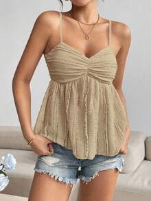 Almamuse Áo hai dây xếp ly tối giản màu trơn dành cho nữ, thích hợp mặc mùa hè. - Màu Khaki - Xem 5