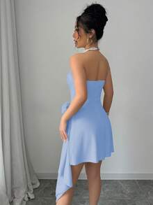 Elenzga Đầm hoa thanh lịch, lãng mạn, không dây vai, eo xếp ly, dáng chữ A màu mơ dành cho nữ, thích hợp cho ngày Valentine. - Màu xanh bụi bặm - Xem 2