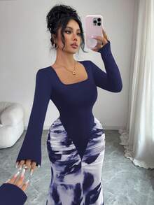 SHEIN Elenzya Đầm dự tiệc ôm sát người tay dài cổ vuông, xếp ly, in họa tiết phối màu dành cho nữ. - Màu xanh hải quân - Xem 3