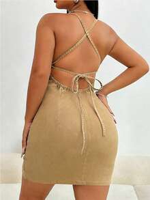 SHEIN SXY 女士深V领露背交叉设计性感紧身牛仔连衣裙 - 卡其色 - 查看 2