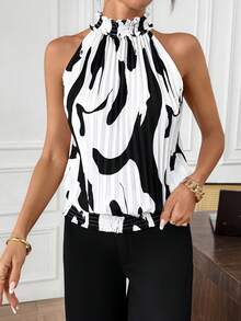 Editum 女士印花露背褶皱设计时尚上衣 - 黑與白 - 查看 4