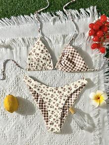 Swim Mod New Women's Summer 2-Piece Random Floral & Plaid Print Triangle Halter Bikini Top And Bottom Set, Beach Vacation Swimwear - Multicolor - View 2