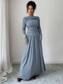 Elenzga 女士牛奶丝针织弹力露肩褶裥前腰A字宽松长袖连衣裙，优雅法式浪漫风格，适合办公室、通勤、街头、冬季等场合，百搭实用 - 霧霾藍 - 查看 4