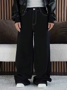 SAYEHFBABY 女式花卉刺绣优雅休闲牛仔裤 - 黑色 - 查看 6