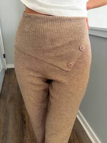 Sydney Algeri Fold Over Button Waistband Mid Rise Flared Knit Trousers Only Autumn Winter Knitwear Casual Going Out Everyday Night Out Sexy Cute Cosy  Elegant Spring - Khaki - View 4