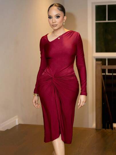 Melissa Matos 纯色不对称领口褶饰扭纹长裙