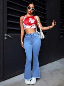 SHEIN PETITE Jeans acampanados de corte slim con lavado casual para mujer - Lavado ligero - Ver 3