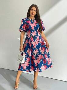 Firerie 女大尺碼花卉印花泡泡袖短洋裝，藍色夏季優雅婚禮賓客裙，夏威夷曲線洋裝適用於海灘、度假、派對和婚禮 - 彩色 - 查看 5