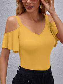 SHEIN Clasi 女士纯色简约露肩T恤，日常穿着 - 黃色 - 查看 5