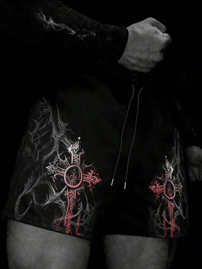 Manfinity Sport PWRUP Men's Cross Print Drawstring Waist Summer Sports Shorts