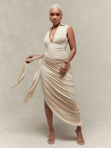 Vixey Pointed Collar Open V Neck Asymmetrical Draped Midi Dress - Apricot - View 4
