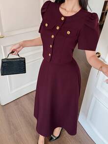 DAZY Women's Elegant Solid Color Textured Round Neck Puff Sleeve Faux Pocket Shirt And A-Line Skirt 2 Pieces Set, Summer - Burgundy - View 6
