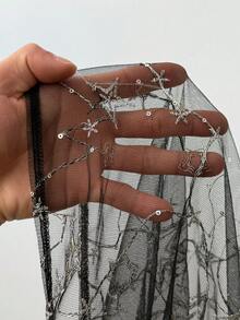 SHEIN EZwear Black Embroidered Sequin Patchwork Elegant & Fashionable Skirt - Black - View 8