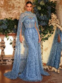 Glamrae 优雅奢华珍珠串珠设计可拆卸外套性感无肩带美人鱼连衣裙，适合婚礼、派对、度假、舞会、正式场合（重工装饰） - 藍色 - 查看 7