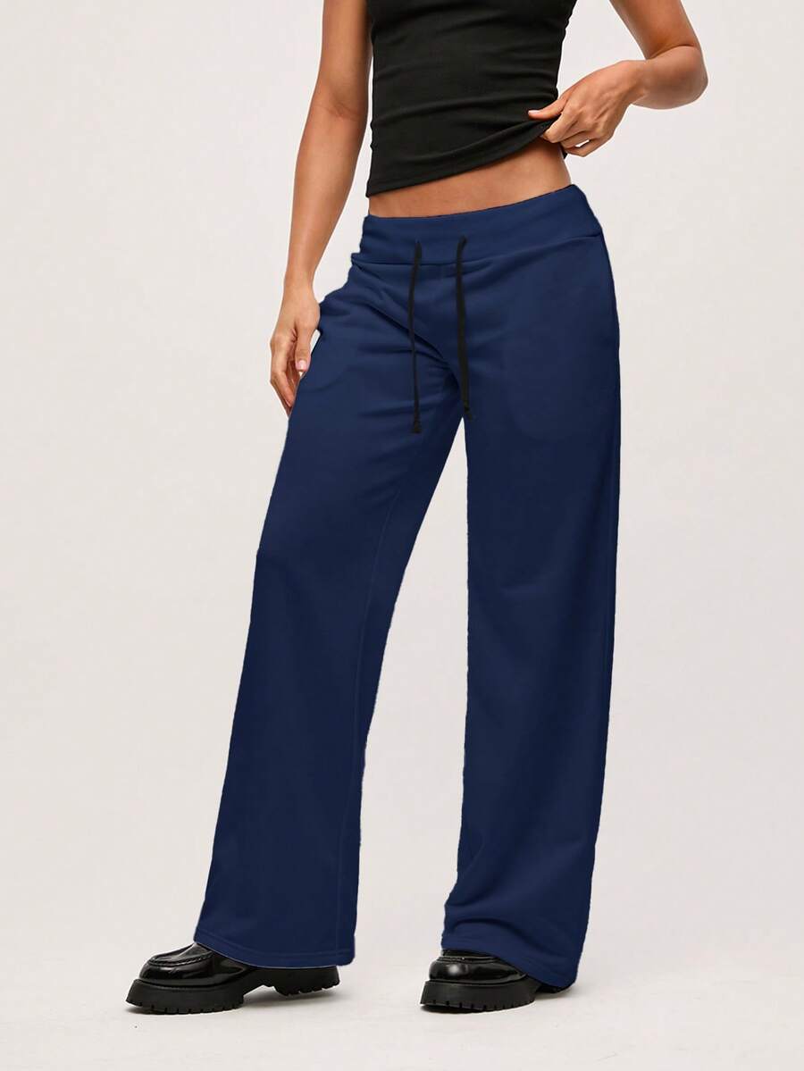 SHEIN BASICS 女士休闲纯色针织低腰阔腿运动裤