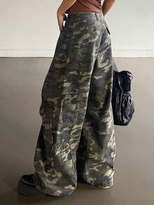 DAZY 女士水洗迷彩宽松工装裤，带大口袋，休闲街头风牛仔裤 - 軍綠色 - 查看 1