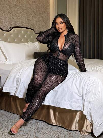 Maweii Plus Size Sexy Shiny Jumpsuit Pants, High Stretch And Versatile