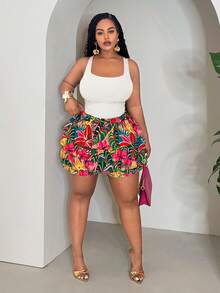 Slaydiva 大码女装两件套 - 修身纯色绿色露脐上衣搭配宽松多层荷叶边热带植物动物印花短裤，休闲度假装，春夏皆宜，夏季女装泳衣两件套工作短裤Y2K半身裙，大码女装夏季套装，女式泳衣收腹 - 白色 - 查看 5