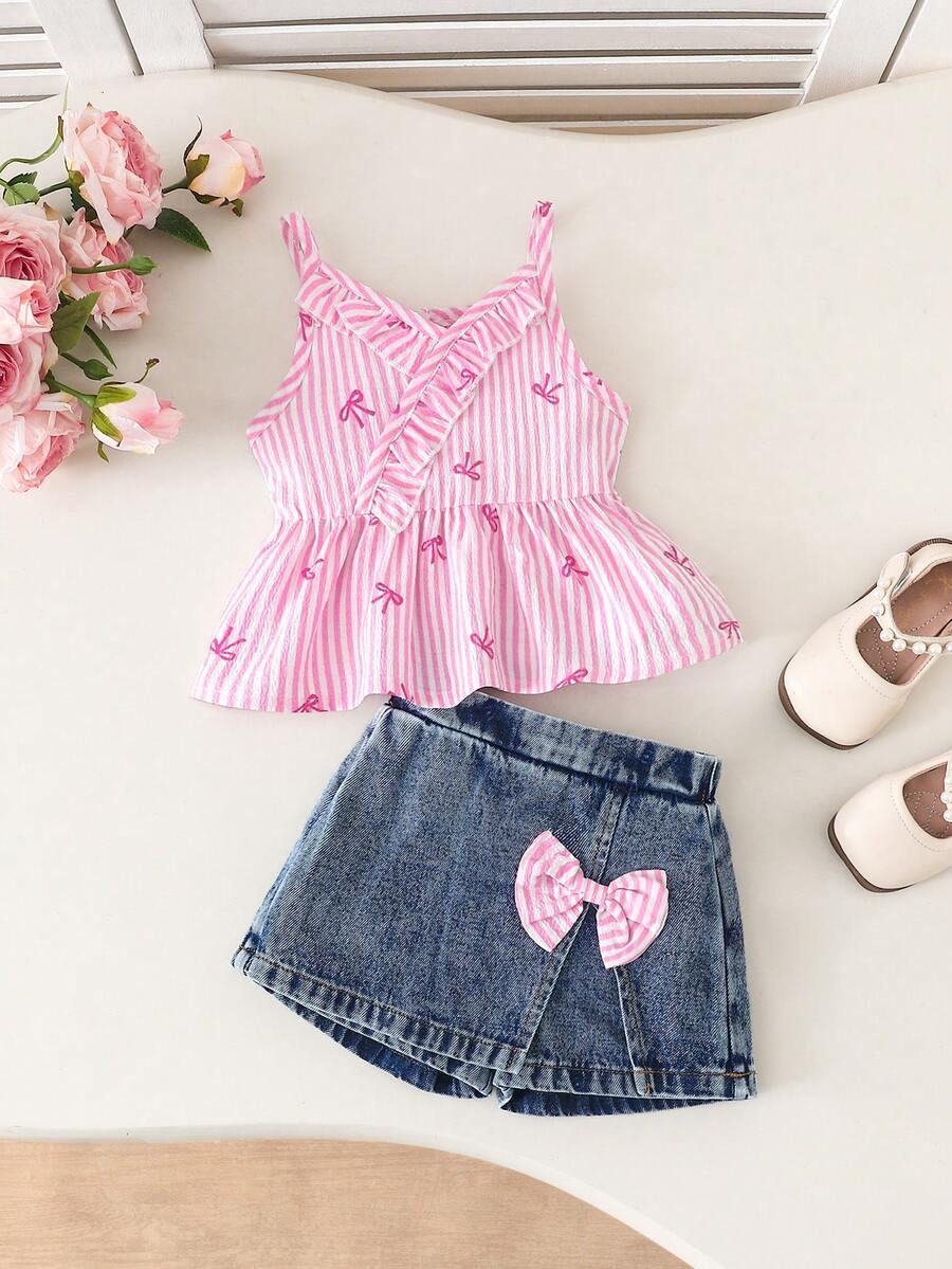 SHEIN 2pcs Baby Girl Summer Casual Striped Bow Print Camisole And Denim Skort Set - Pink - View 1