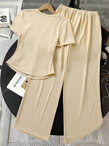 一件式短袖休闲印花春夏少女夏季通勤套装，运动休闲直筒裤，短袖轻便舒适两件套。 - 杏色 - 查看 2